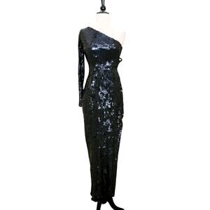 Mac Duggal Formal One Shoulder Sequin Gown 10788 Black Beaded Evening Dress 0